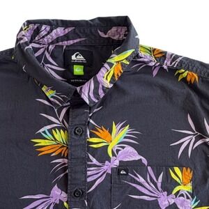 Quiksilver‎ Mens Floral Bird of Paradise Button Down Shirt Gray Purple Medium